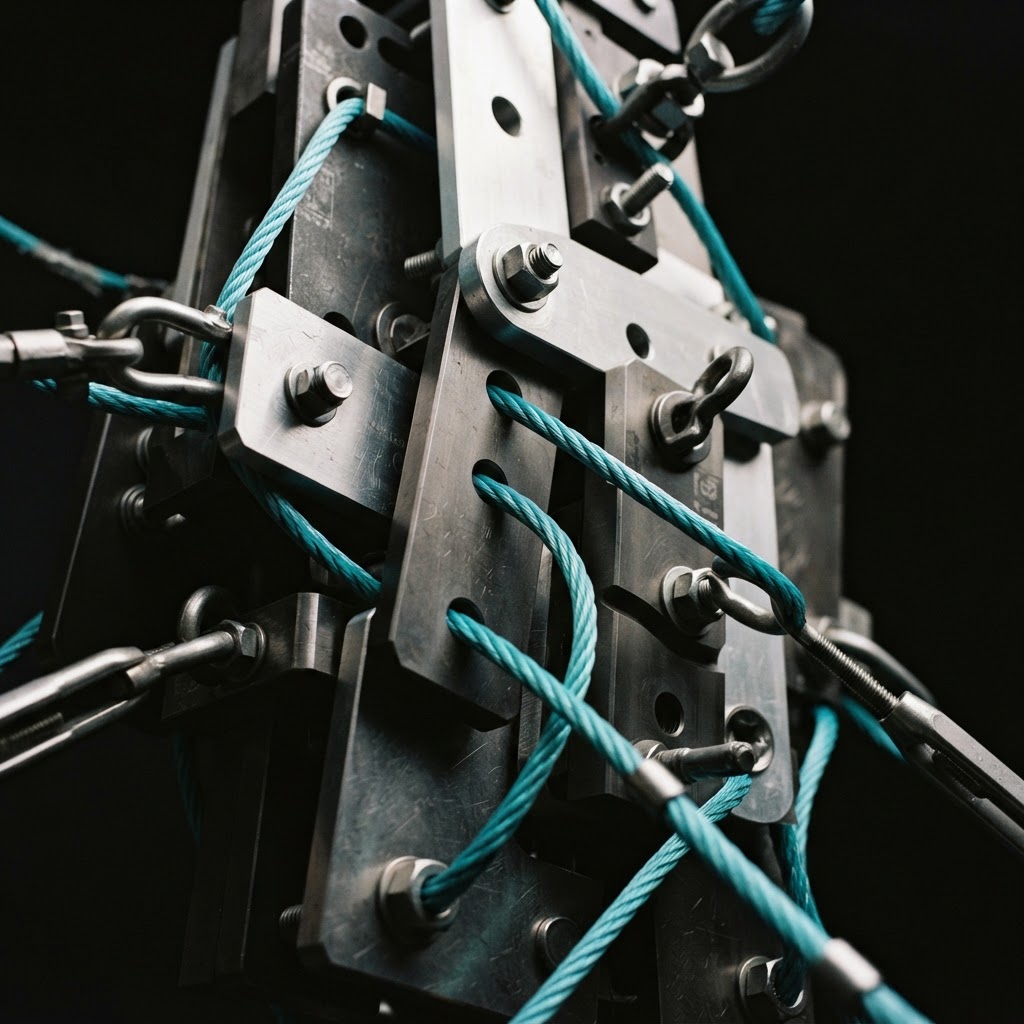 Precision metal plates held by blue cables