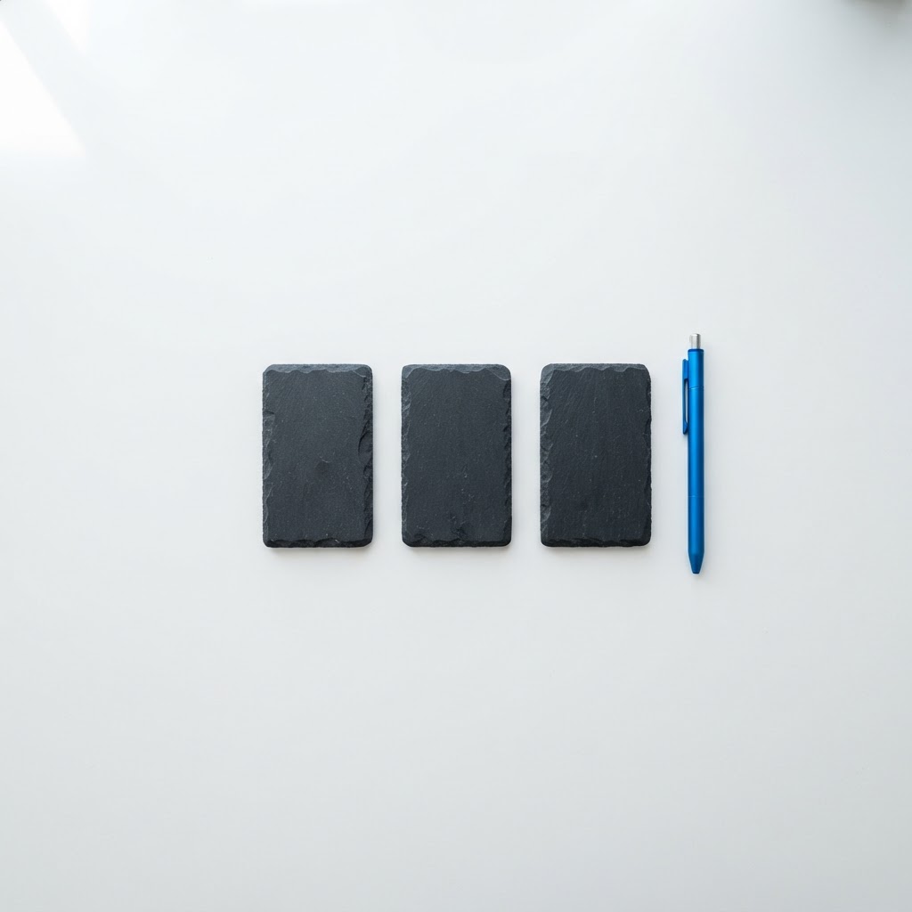 Slate weights and blue stylus on white surface