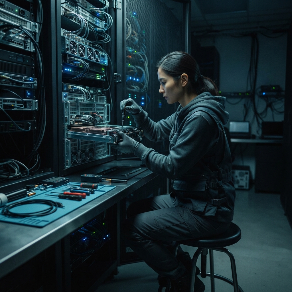 Engineer performing precise maintenance on server hardware