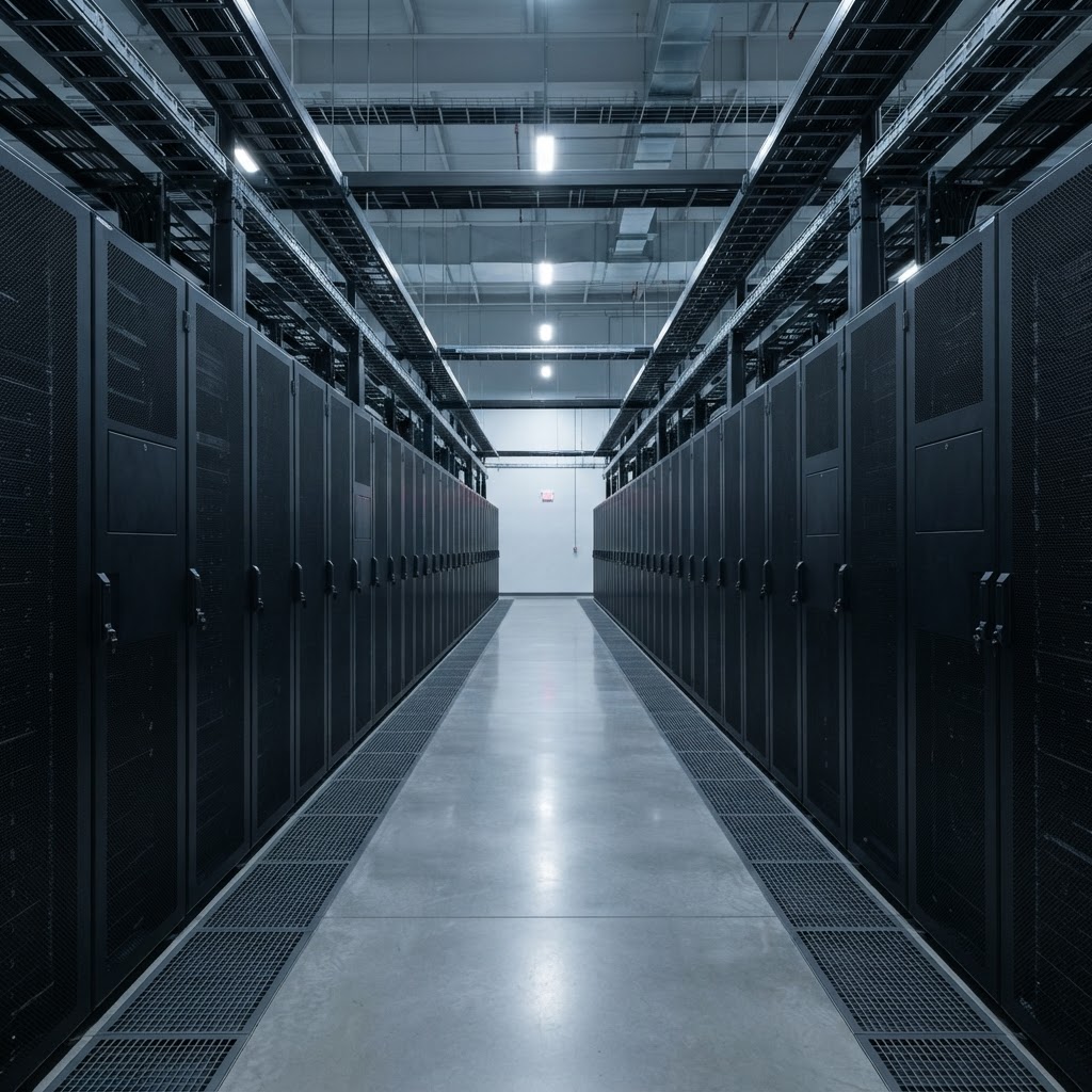 Modern professional data center server rack aisle