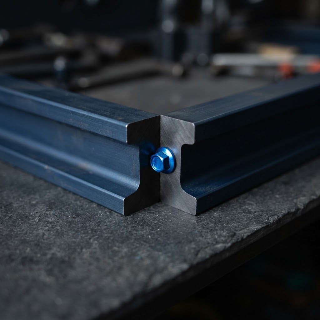 Close up of intersecting steel rails with blue fastener