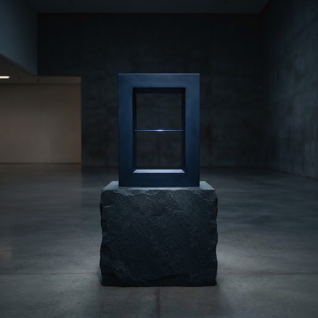 Hollow navy metallic monolith with blue wire span