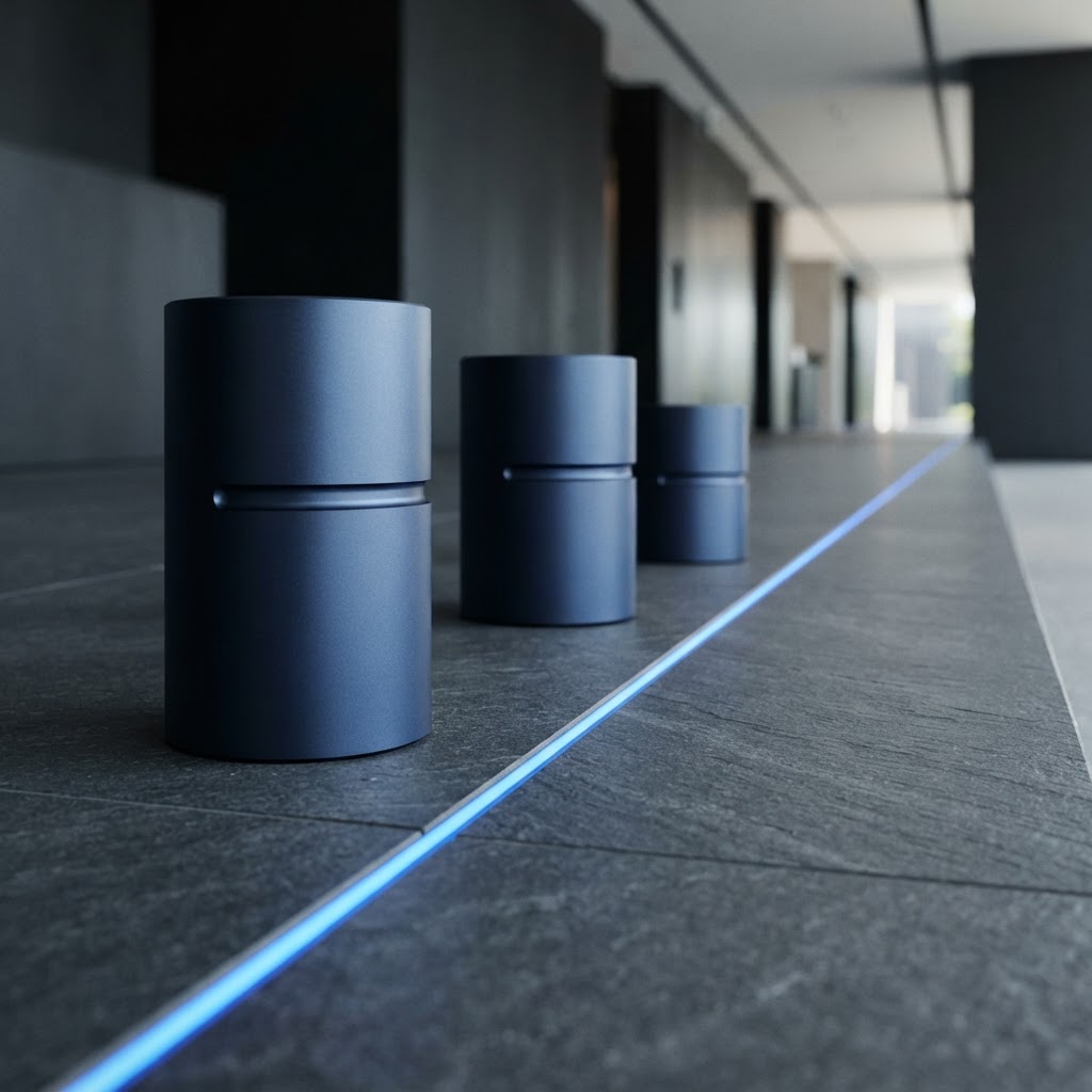 Three navy metallic cylinders in row on slate platform