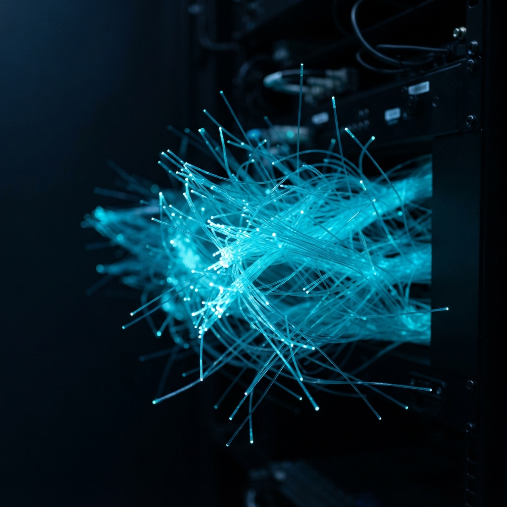 Fiber optic strands glowing in dark studio
