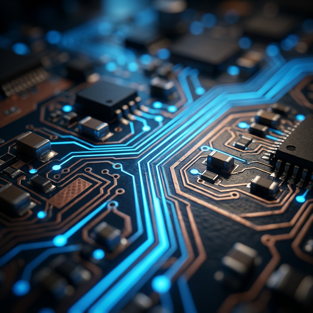 Circuit board pathways with blue highlights