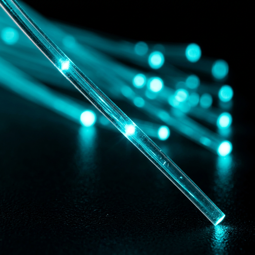 Glowing fiber optic strands in focused detail