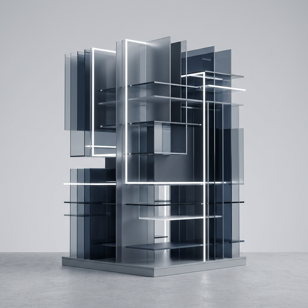Stacked translucent geometric planes with layered lighting