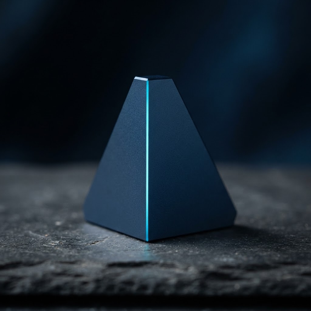 Macro photography of a navy steel prism with a glowing cyan highlight.