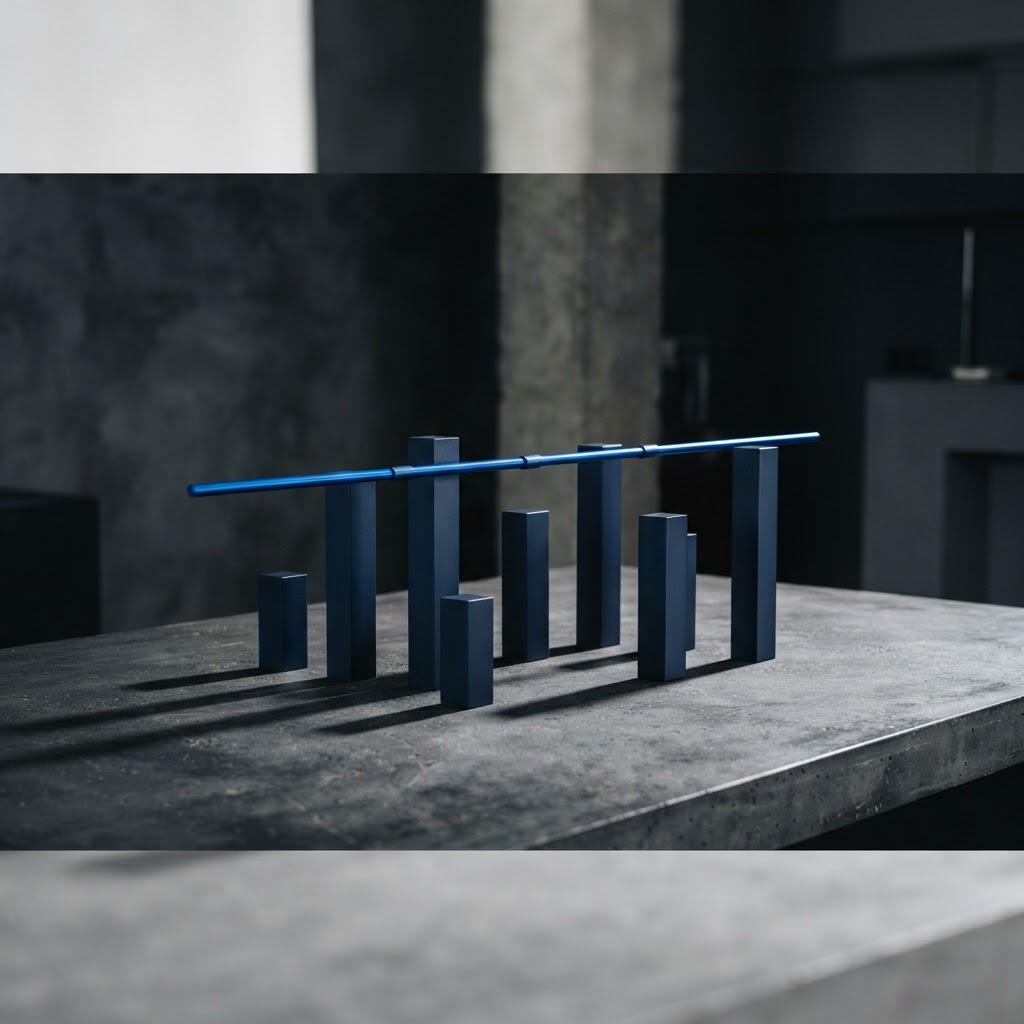 Minimalist wide shot of matte navy columns connected by a blue metallic rod.