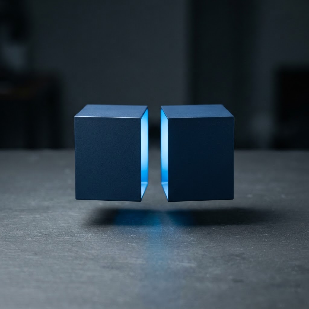 Split matte navy steel cube revealing a glowing electric blue interior.