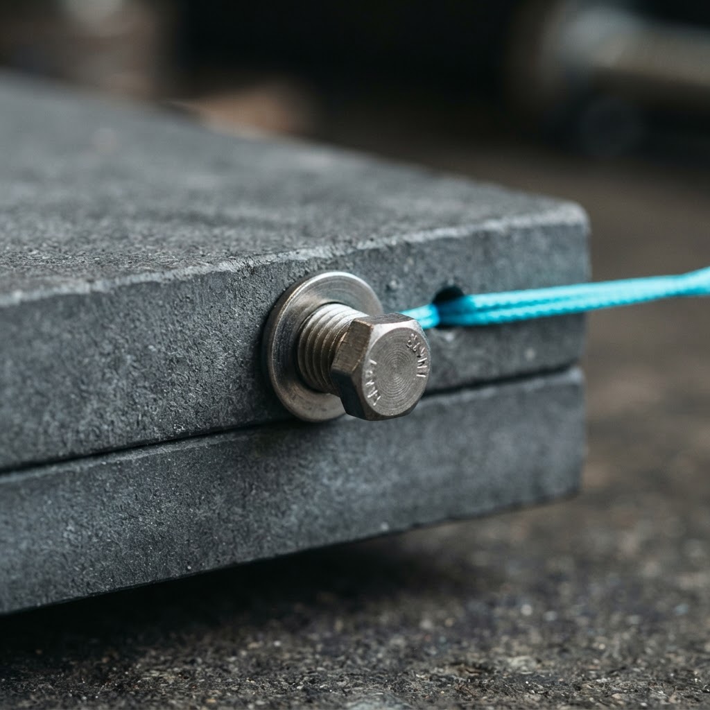 Macro view of metallic plates and electric blue cord