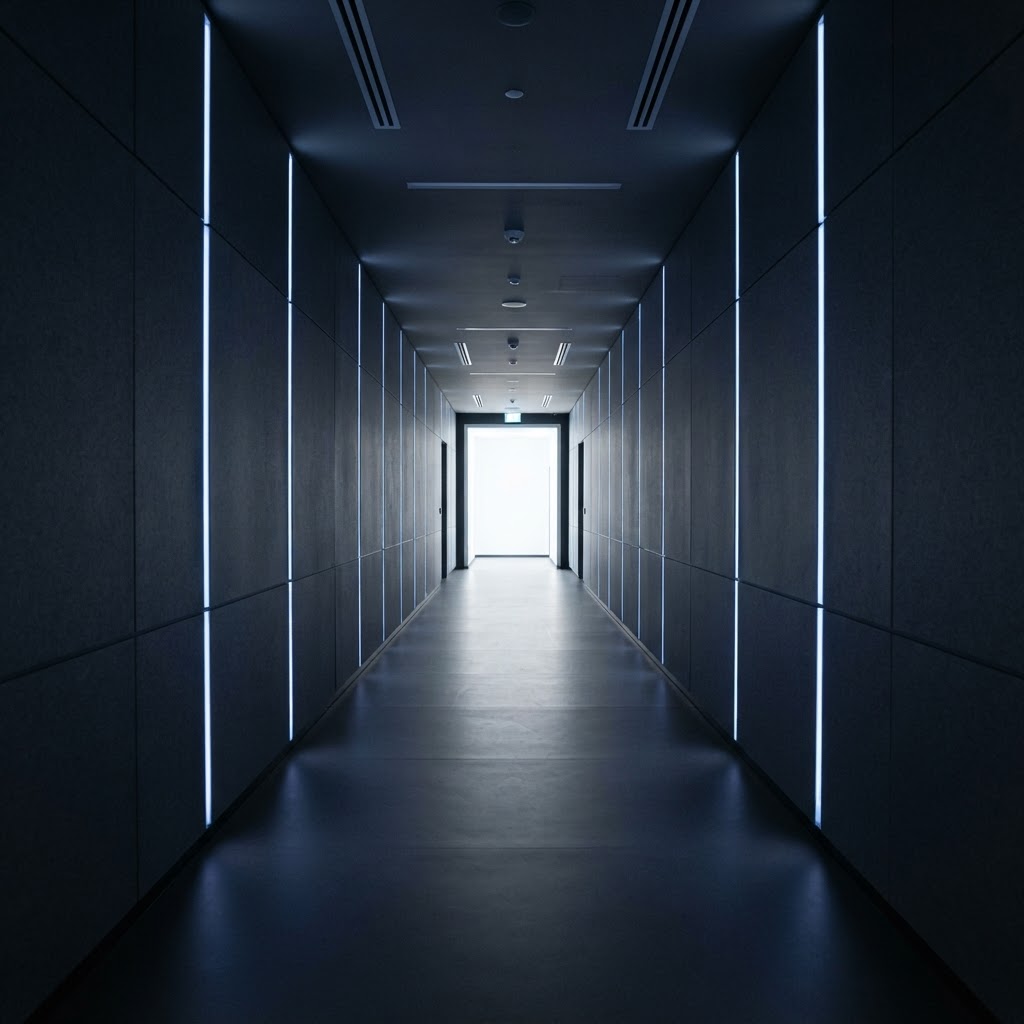 Modern minimalist hallway with glowing electric blue trim