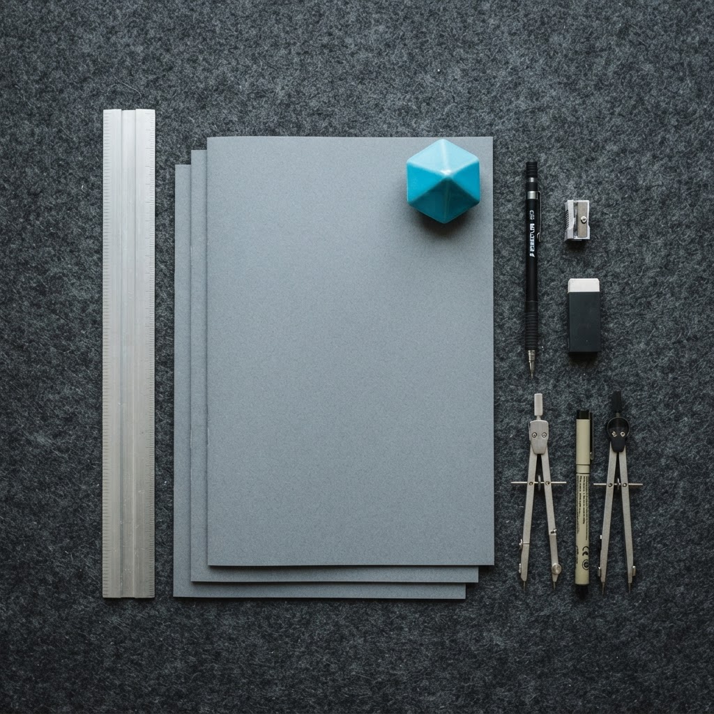 Professional drafting tools on a dark gray surface