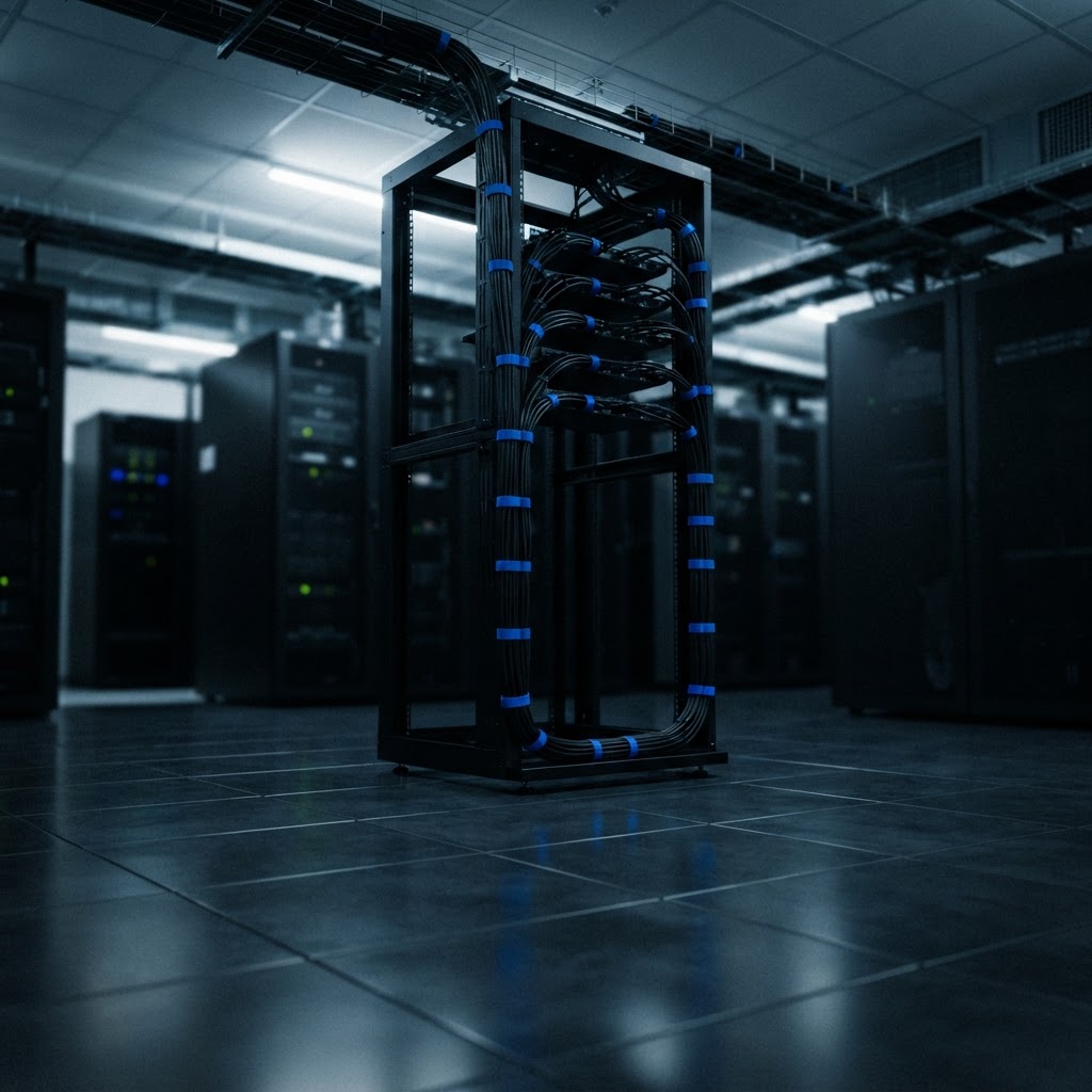 Empty server rack in a clean data facility