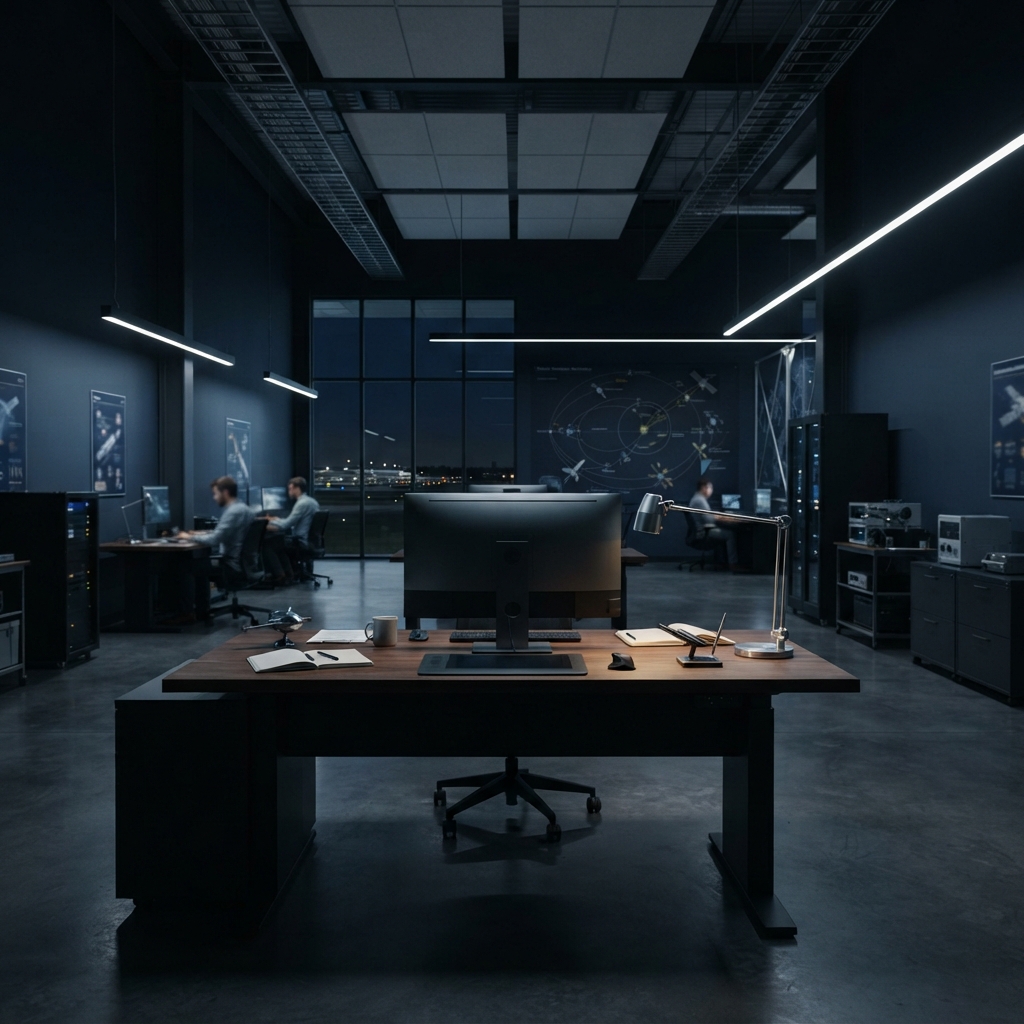 Modern engineering workspace in a dark professional setting