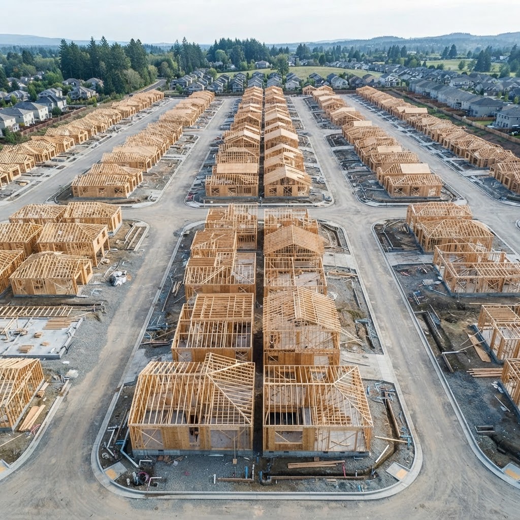 Aerial view of orderly residential construction development