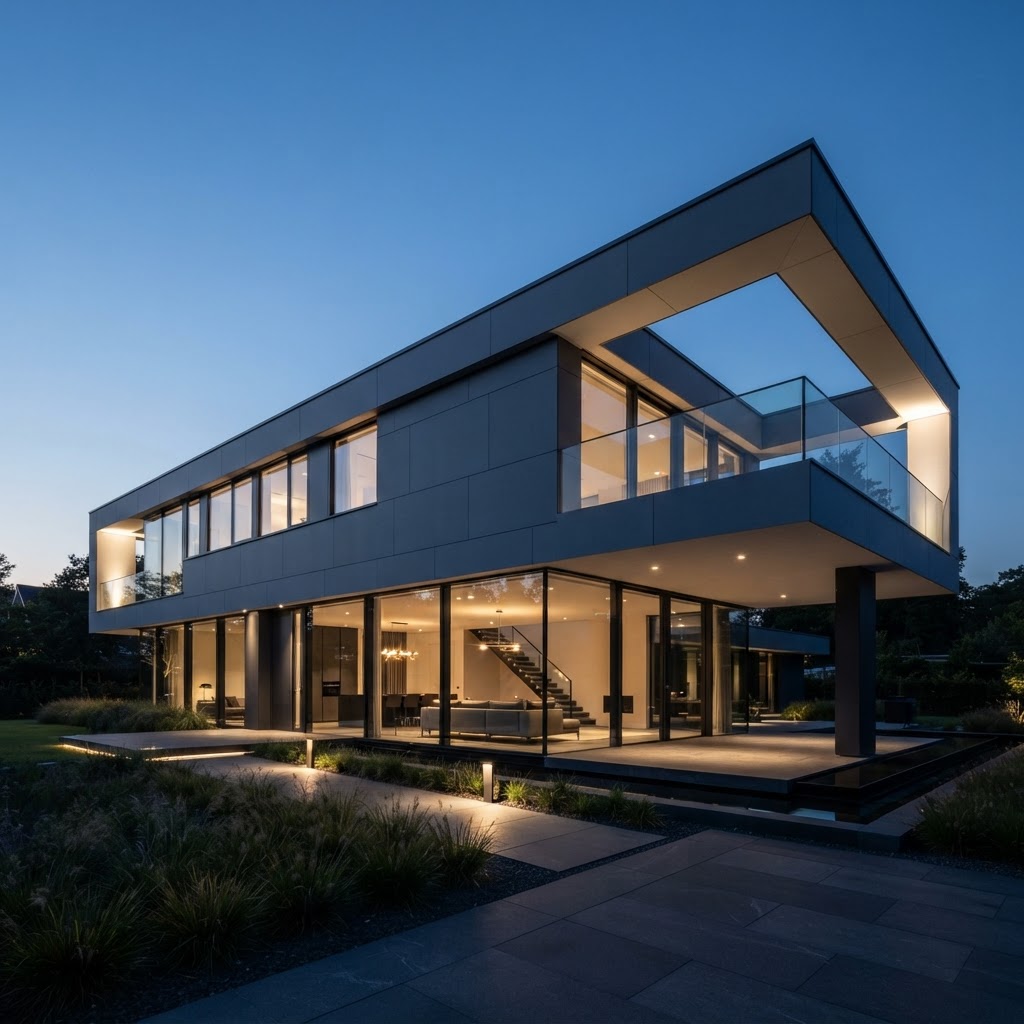 Modern minimalist residential architecture at dusk