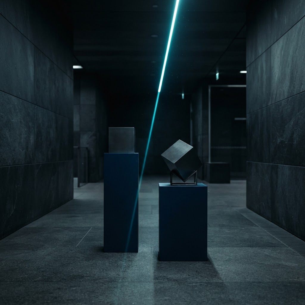 Architectural view of two pedestals with cubes at different angles