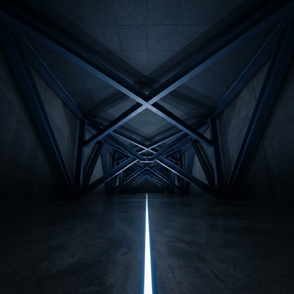 Minimalist low angle view of metallic beams and converging light lines