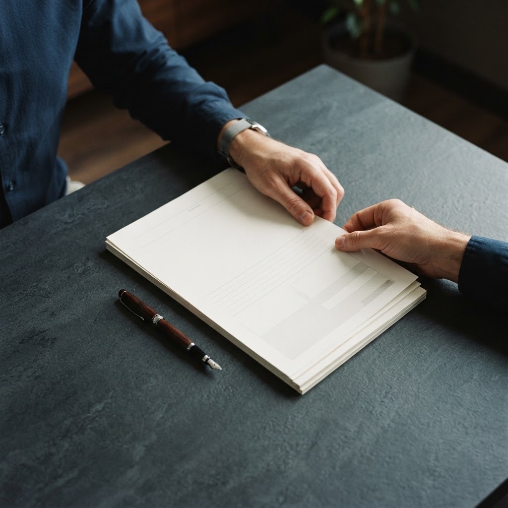 Professional hands arranging documents on a desk