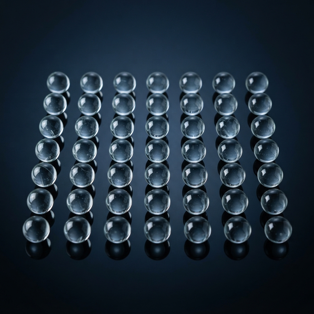 Glass spheres arranged precisely on a dark surface