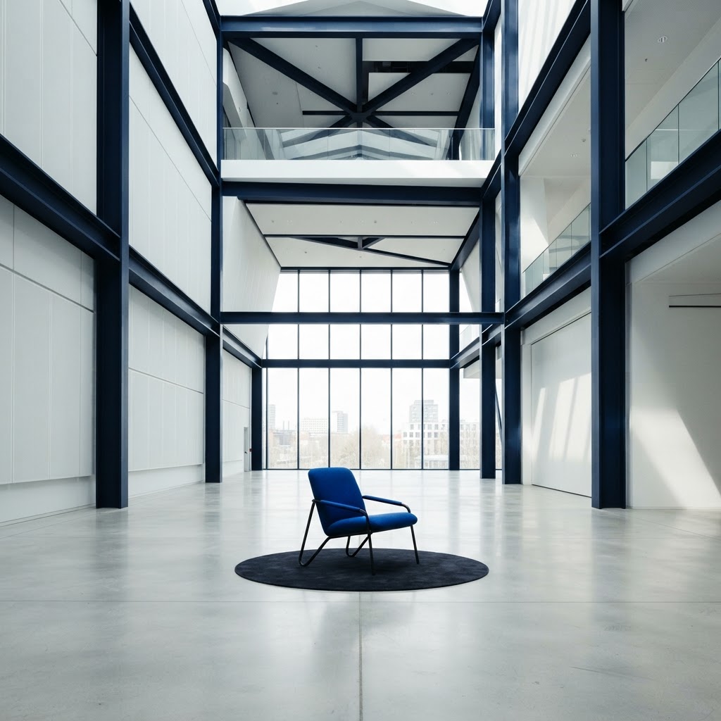 A minimalist office space with a blue chair