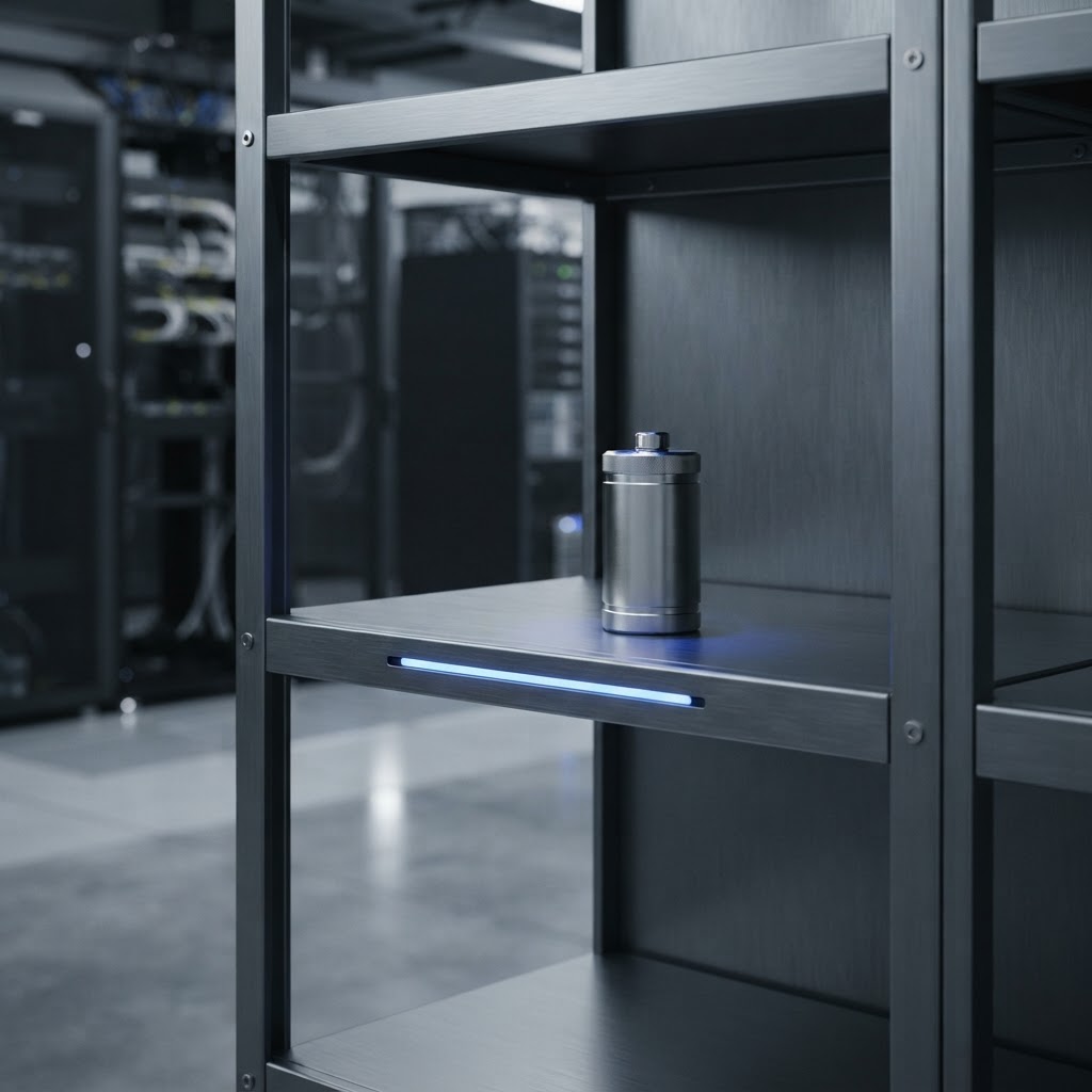 A singular metallic object on a modular metal shelf