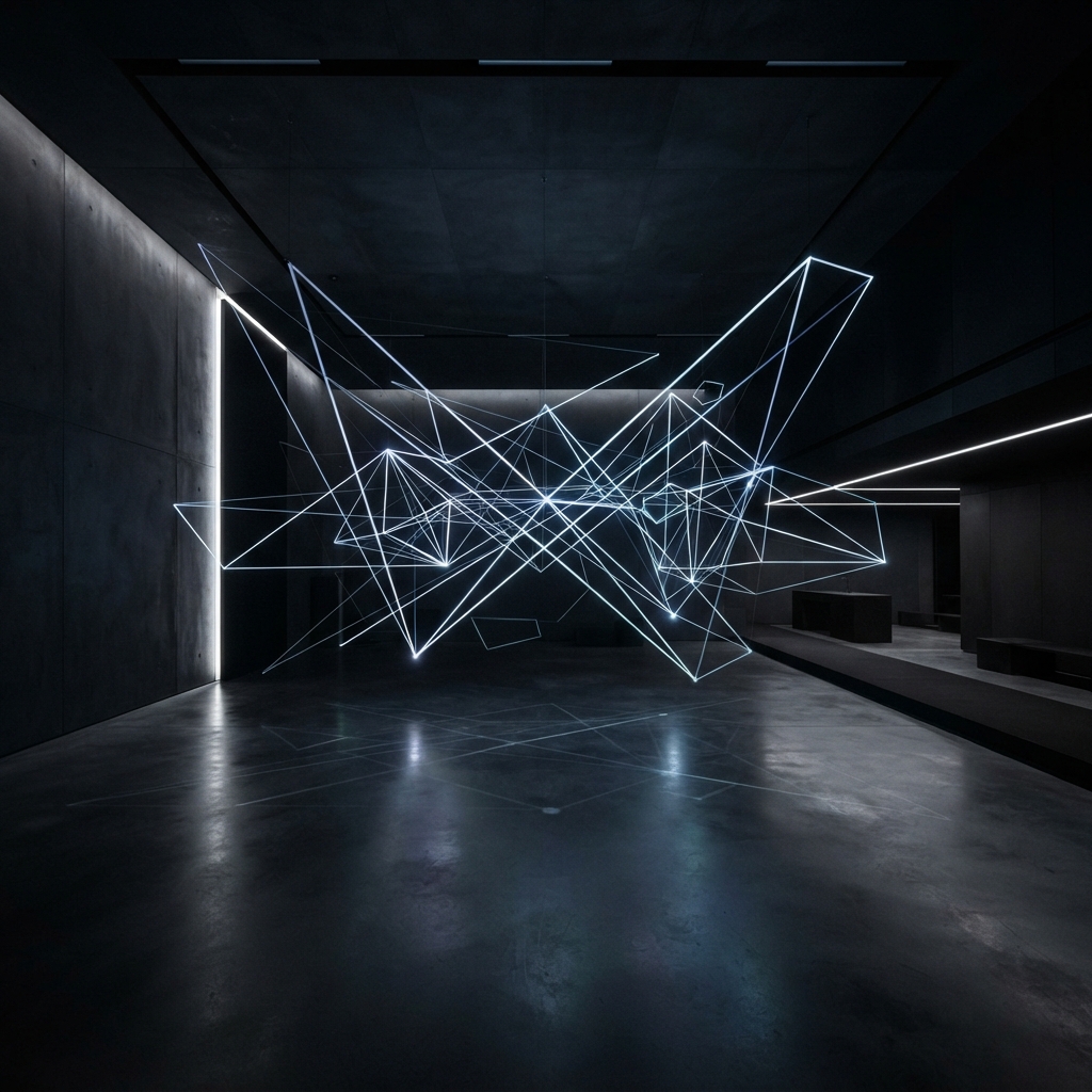 Abstract geometric lighting in a dark minimalist studio