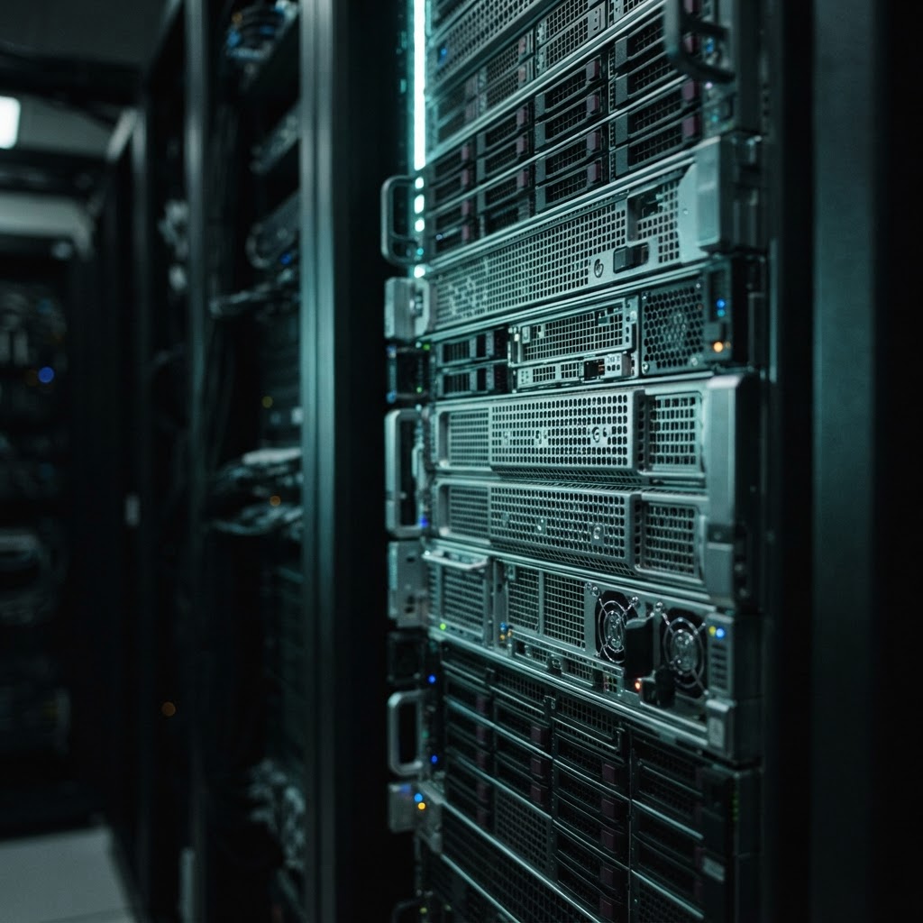 Detail of high performance server hardware in a dark room