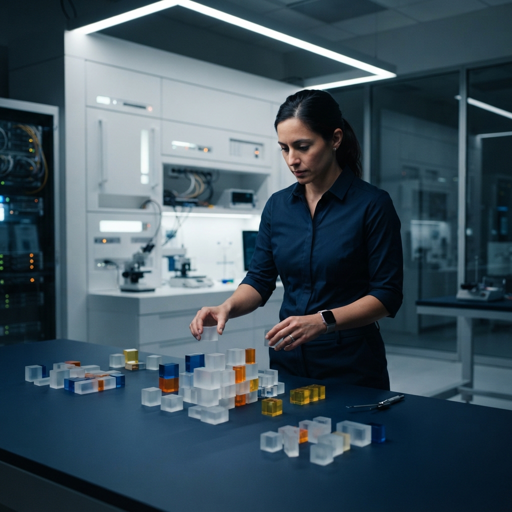 Engineer organizing data blocks in a modern technical workspace