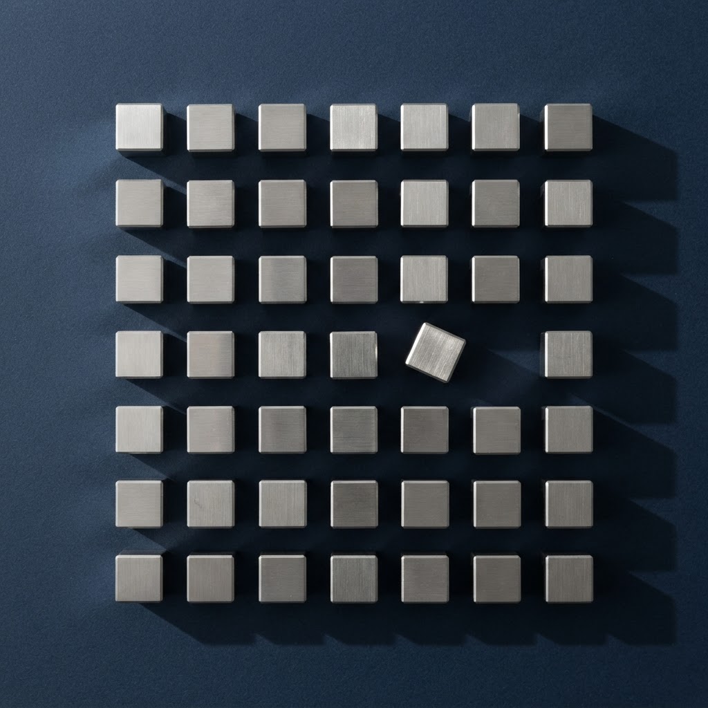 Geometric metal blocks arranged on a dark surface