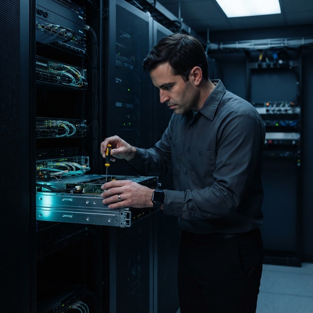 Engineer inspecting modular hardware components in a server room
