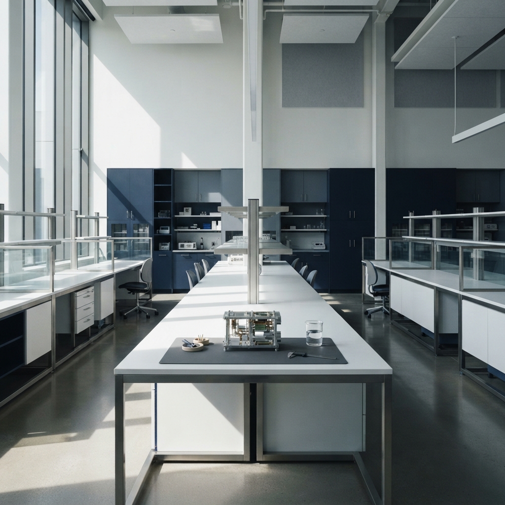 Minimalist modern laboratory workspace with metallic components
