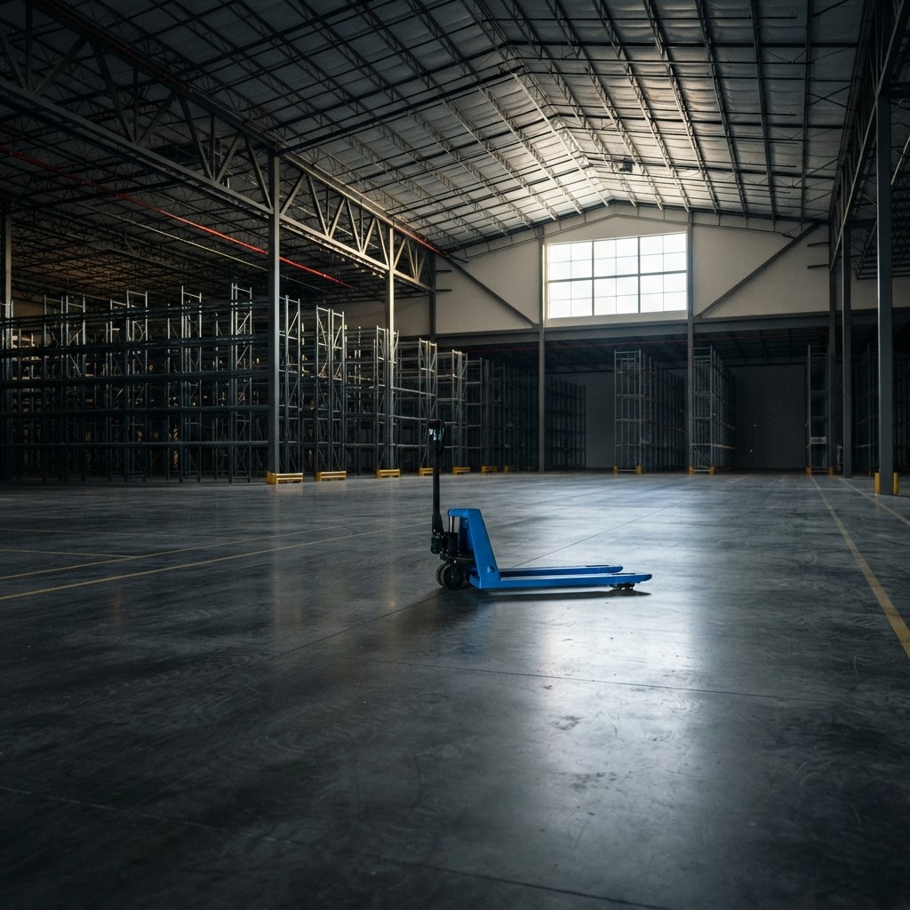A blue pallet jack in a minimalist warehouse