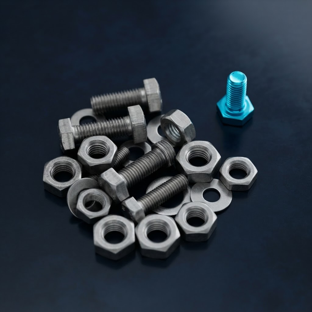 Brushed steel fasteners on a navy surface