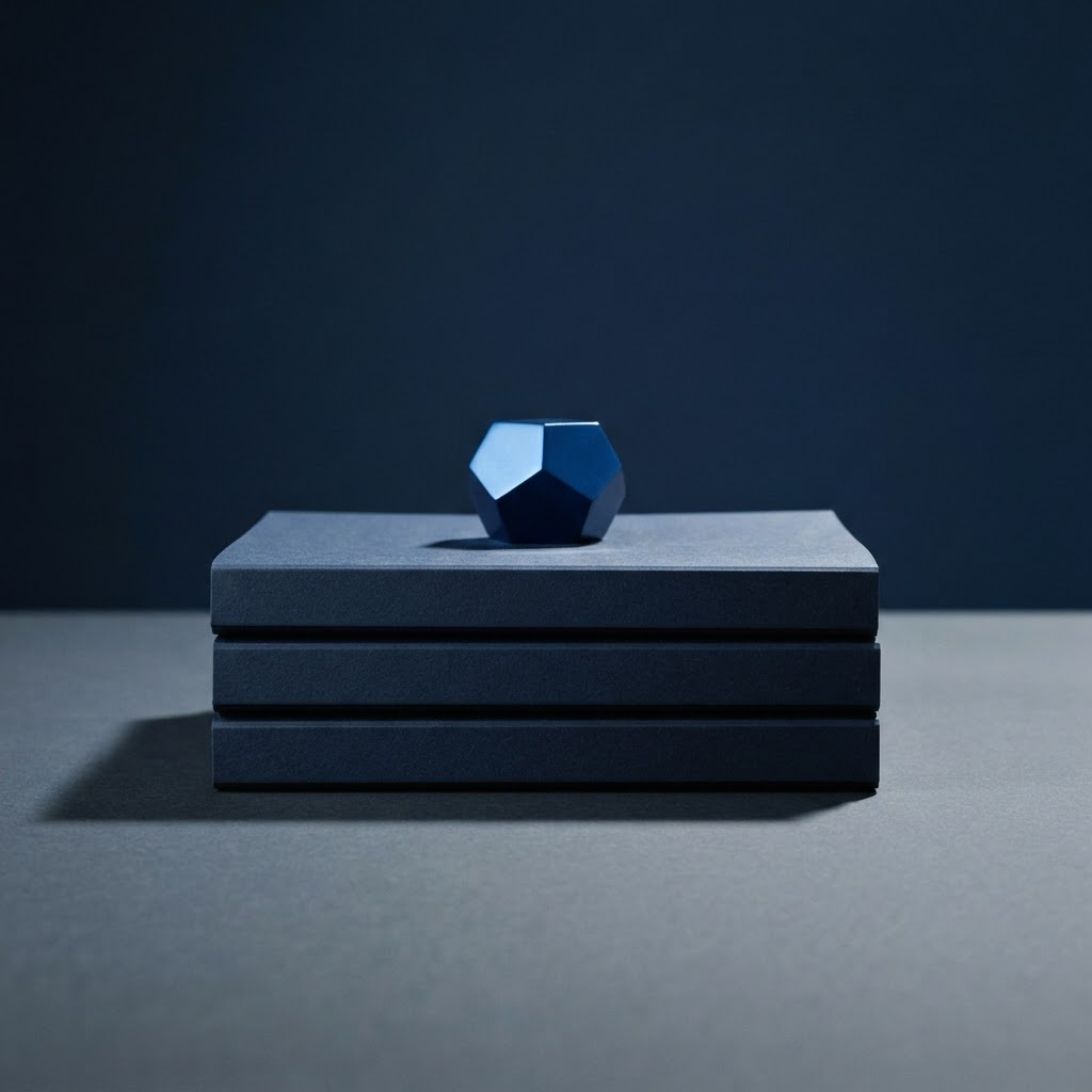 Dark navy folders secured by a blue weight