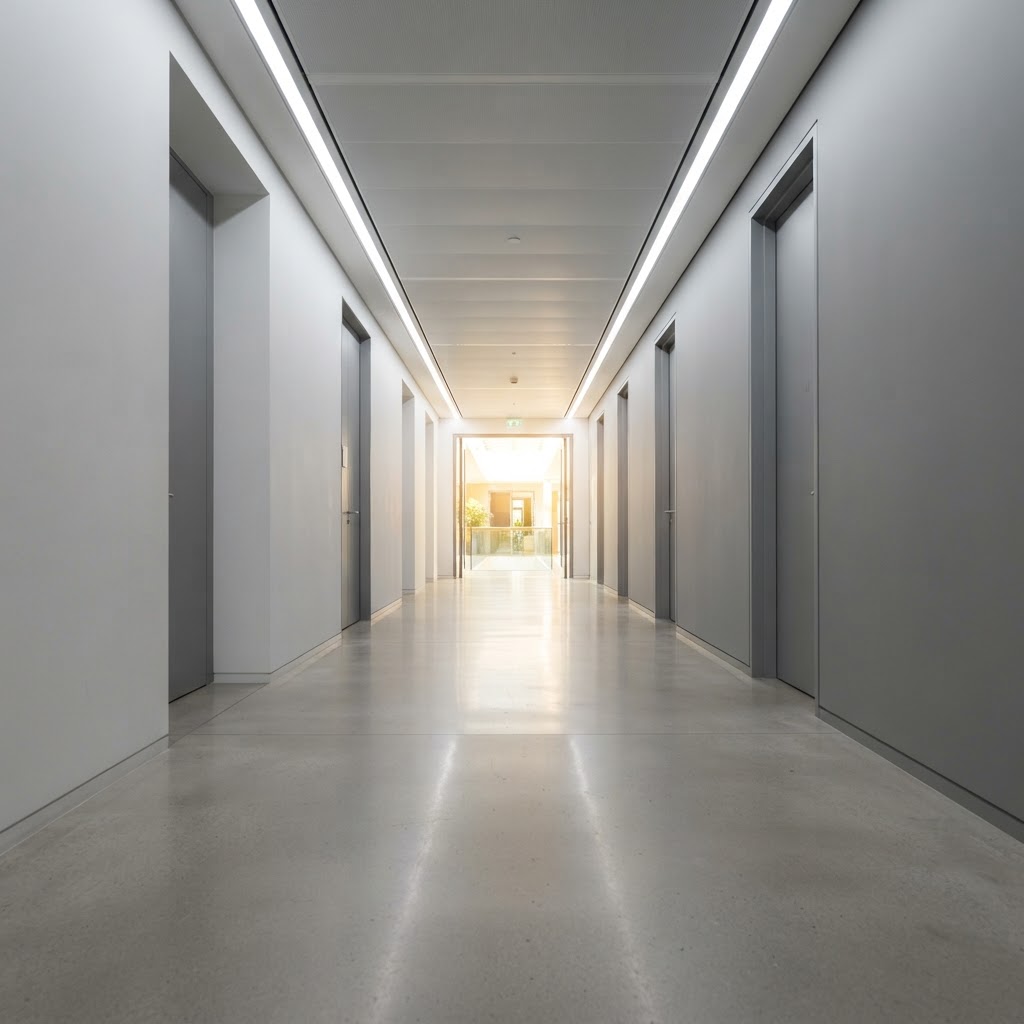 Minimalist architectural office corridor with leading light lines