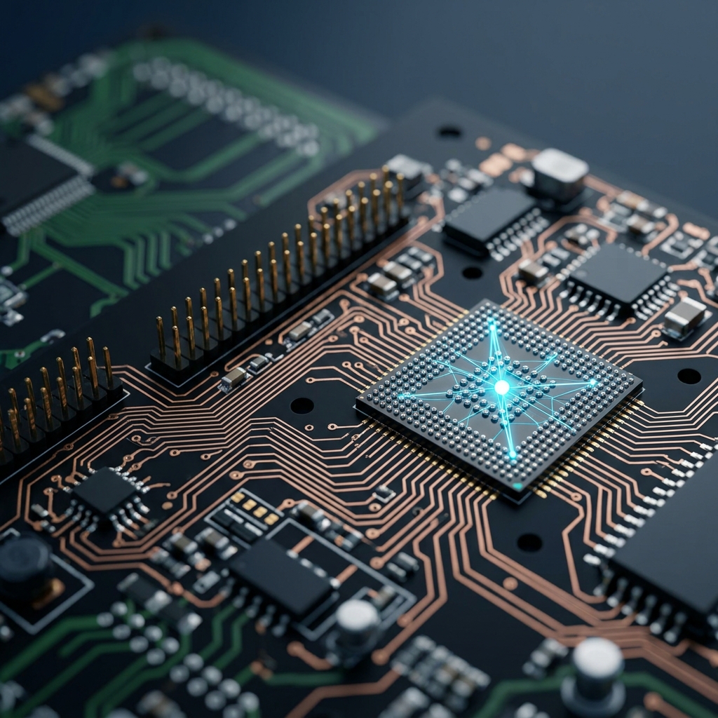 Circuit board macro with glowing data nodes