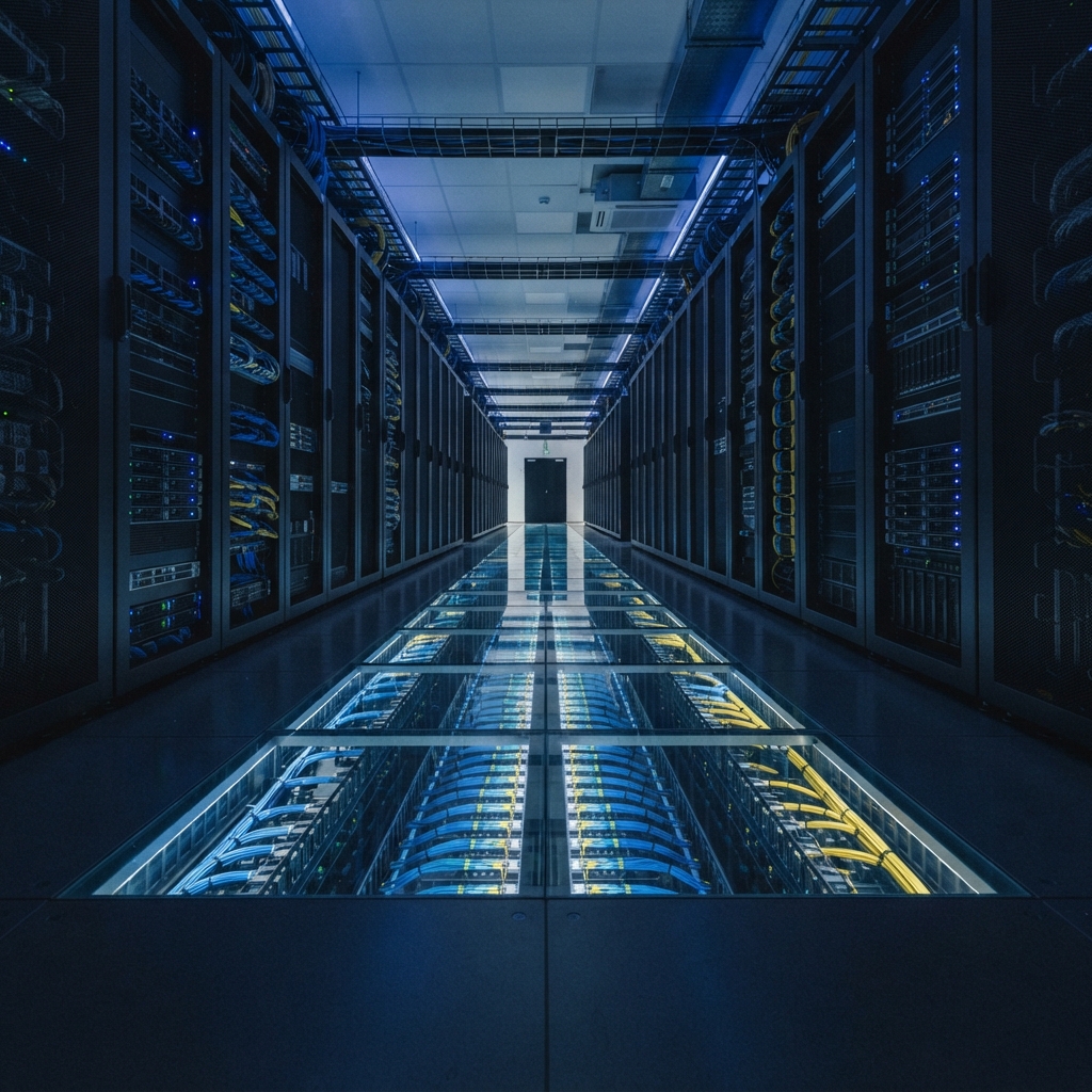 Orderly server room interior with blue cabling