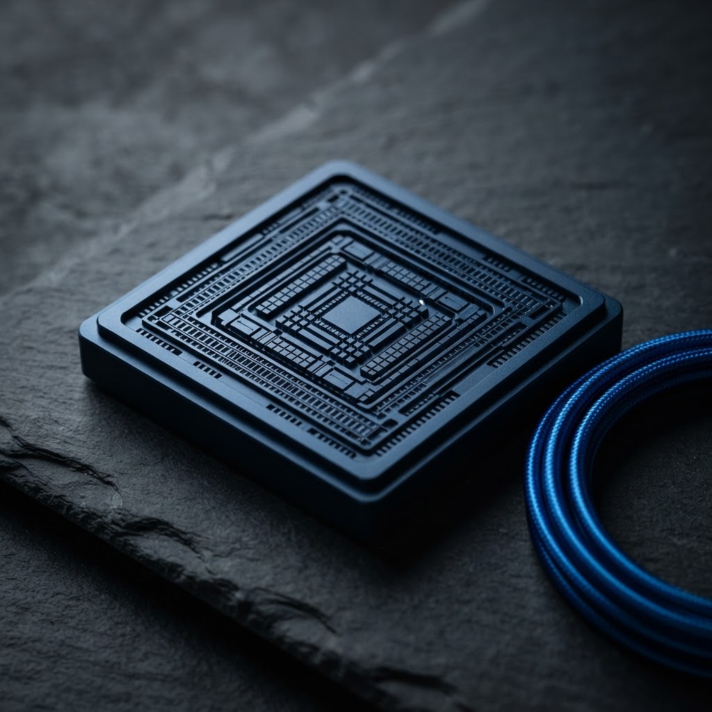 A close up of a metallic processor casing with a glowing blue cable