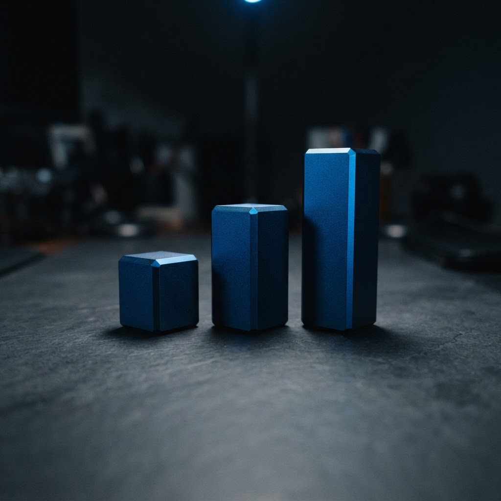 Three navy steel prisms of varying heights on a dark surface
