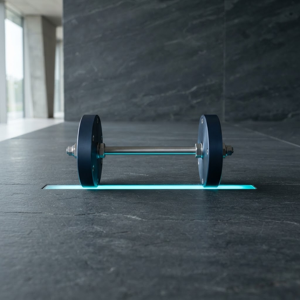 Two navy steel discs connected by a rod on a stone surface