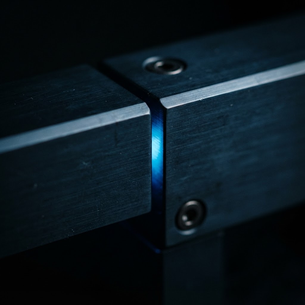 Macro view of a thin glowing gap between two steel plates