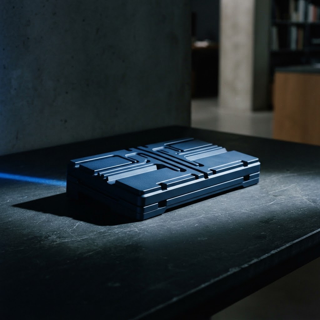 Precision machined steel unit under electric blue accent lighting