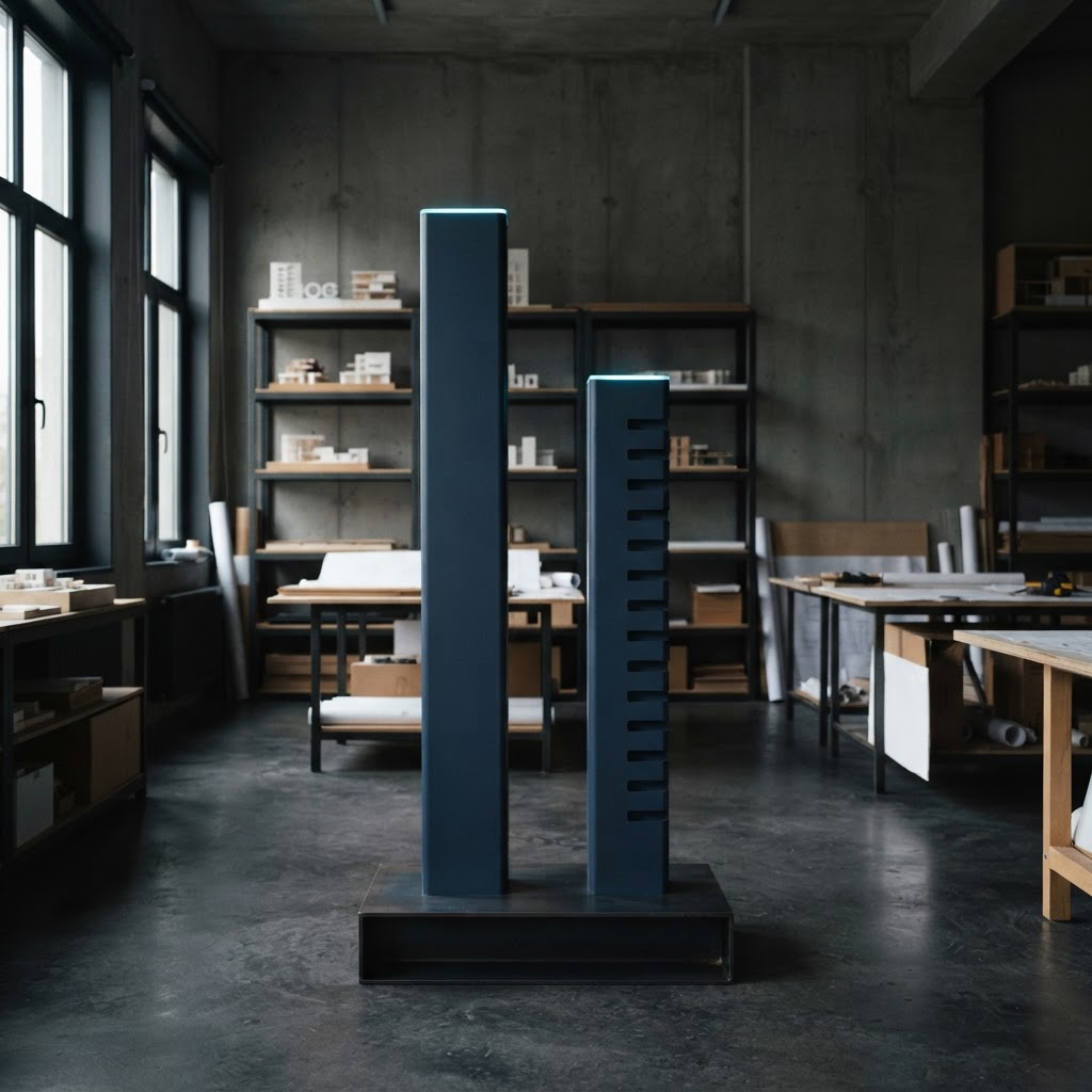 Two navy steel pillars representing different design approaches