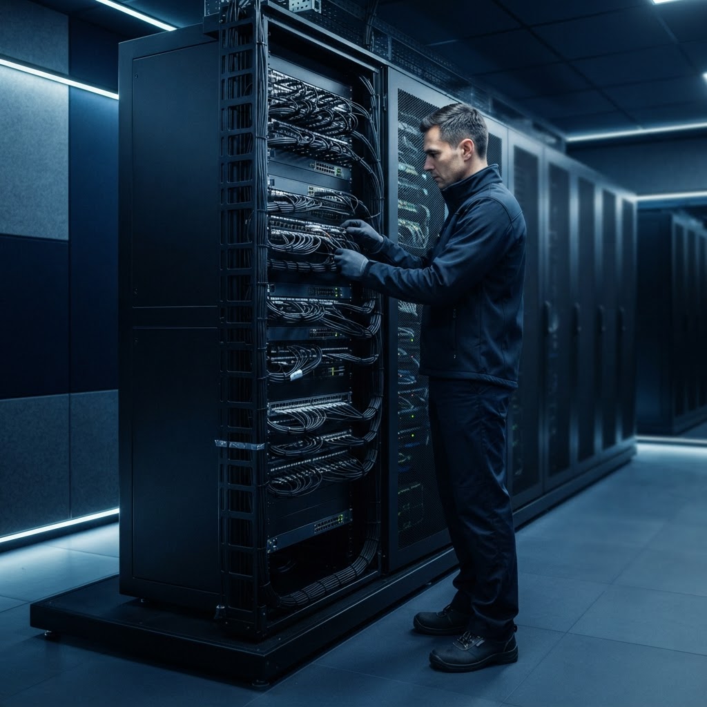 Engineer inspecting server infrastructure in a modern data center