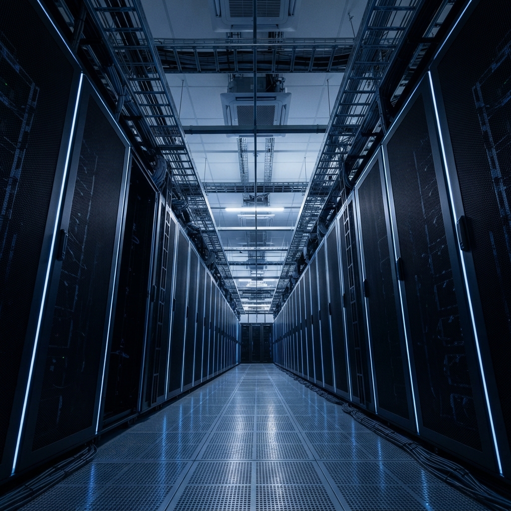 Rows of structured server racks in a dark, professional facility