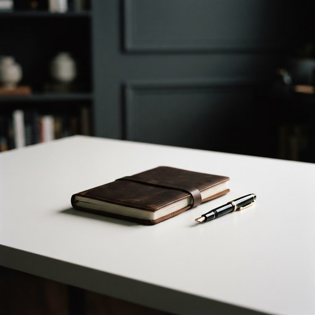 Minimalist desk setup with a notebook and pen