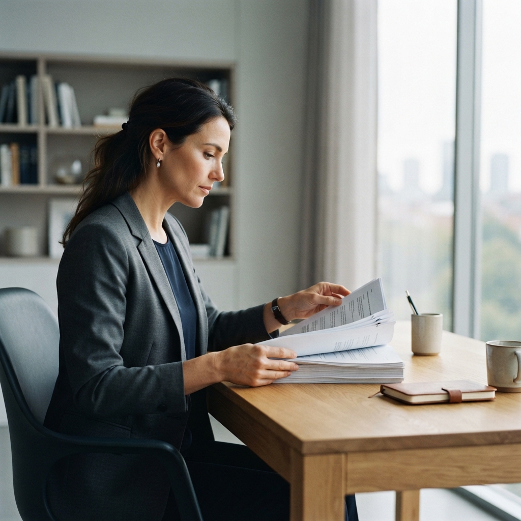 Professional reviewing organized documents in a modern workspace