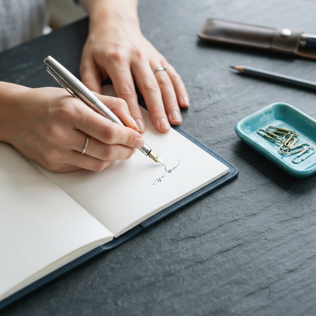 Hands writing on paper at a minimalist desk